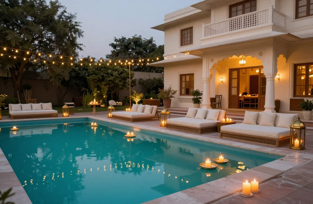 Elegant poolside party setup